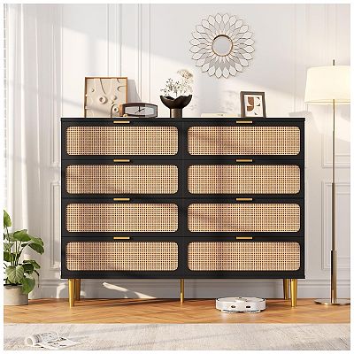 Rattan Dresser with 8 Drawers,Modern Closet with Deep Storage, Large Chest  of Drawers