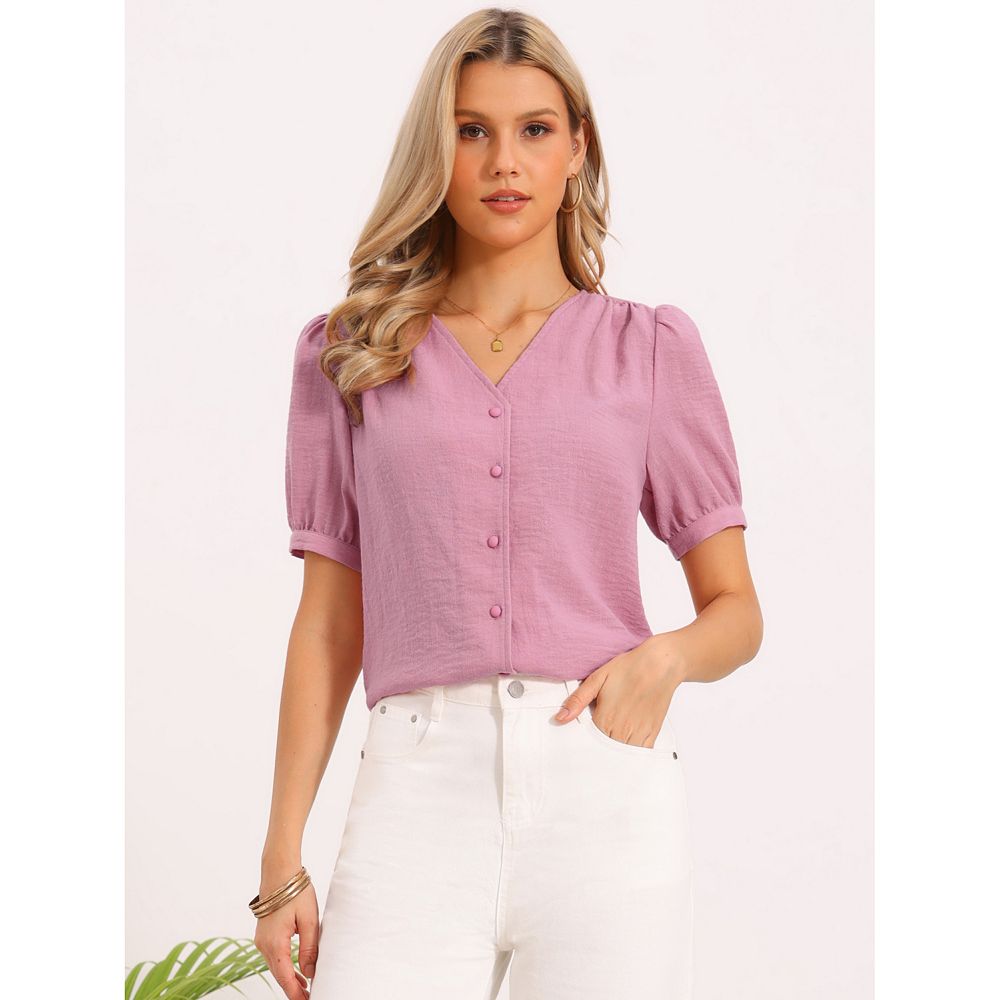 Short Sleeve Tops for Women's V Neck Button Down Dressy Casual Blouses