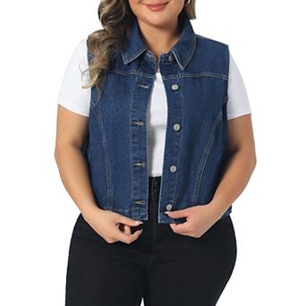 Plus Size Denim Vests Collared Neck Sleeveless Button Down Crop Jean Vest