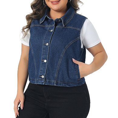 Plus Size Denim Vests Collared Neck Sleeveless Button Down Crop Jean Vest