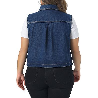 Plus Size Denim Vests Collared Neck Sleeveless Button Down Crop Jean Vest