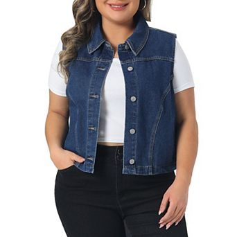 Plus Size Denim Vests Collared Neck Sleeveless Button Down Crop Jean Vest