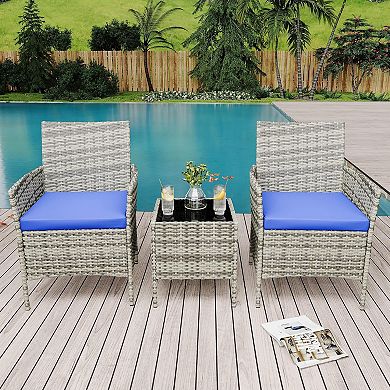 3-Piece All-Weather Patio Set, PE Wicker Sectional with Tempered Glass Table for Pool Deck