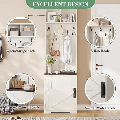 Hall Tree with Coat Rack, 4 Shoe Cubbies, Bench, Hooks & Shelves