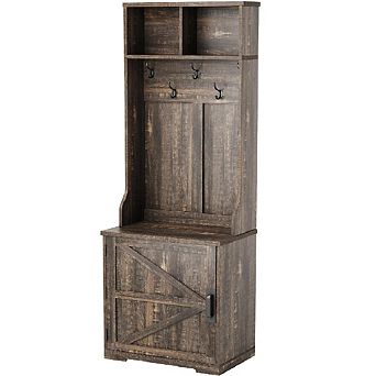 Hall Tree with Coat Rack, 4 Shoe Cubbies, Bench, Hooks & Shelves