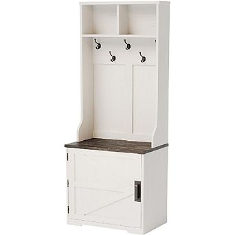 Hall Tree with Coat Rack, 4 Shoe Cubbies, Bench, Hooks & Shelves