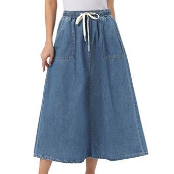 Denim Maxi Skirt for Women Elastic Waist Casual A Line Long Jean Skirts