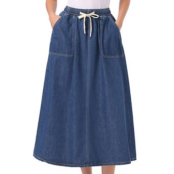 Denim Maxi Skirt for Women Elastic Waist Casual A Line Long Jean Skirts