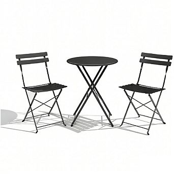 3 pc Patio Bistro Set, Outdoor Round Table & 2 Folding Chairs for Porch, Balcony