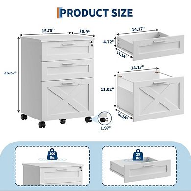Mobile File Cabinet with Lock and Three Drawers for Home Office and Printer Stand