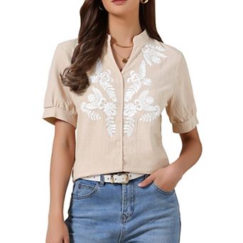 Summer Tops for Women Cotton Floral V Neck Short Sleeve Shirt Embroidered Blouses Tunic