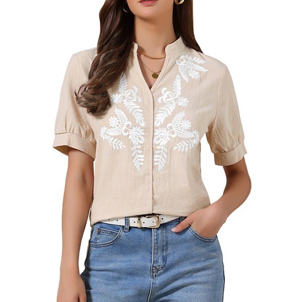 Summer Tops for Women Cotton Floral V Neck Short Sleeve Shirt ...