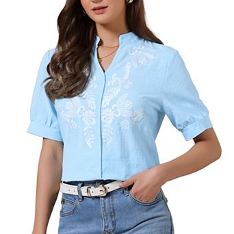 Summer Tops for Women Cotton Floral V Neck Short Sleeve Shirt Embroidered Blouses Tunic