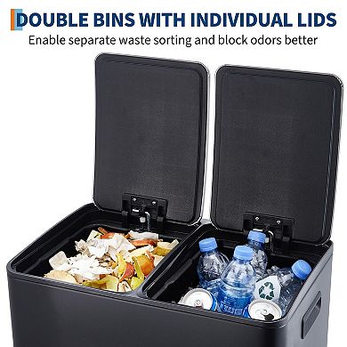 16 Gal Dual Trash Can, Stainless Steel Kitchen Garbage Can with 2 Lids and 2 Inner Buckets