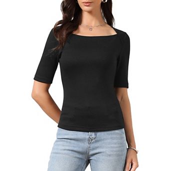 Square Neck Tops for Women Half Sleeve Fitted Dressy Casual Summer Blouse T-Shirt