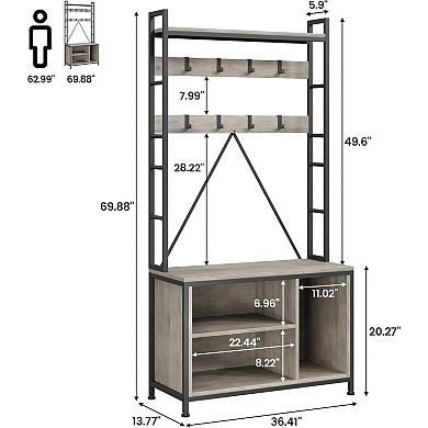 Industrial Coat Tree with Bench, Storage Cubbies & Shoe Rack, Entryway Hall Tree Organizer