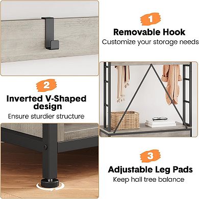 Industrial Coat Tree with Bench, Storage Cubbies & Shoe Rack, Entryway Hall Tree Organizer