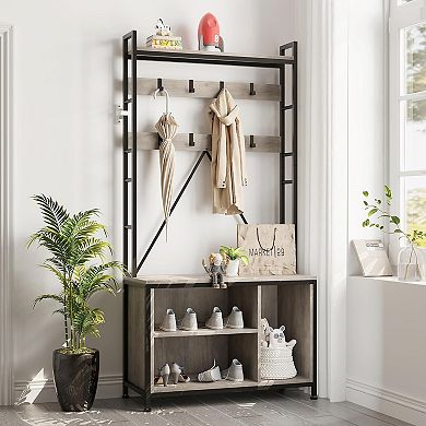 Industrial Coat Tree with Bench, Storage Cubbies & Shoe Rack, Entryway Hall Tree Organizer