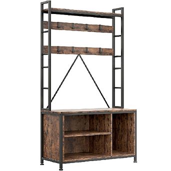 Industrial Coat Tree with Bench, Storage Cubbies & Shoe Rack, Entryway Hall Tree Organizer