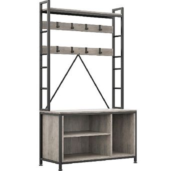Industrial Coat Tree with Bench, Storage Cubbies & Shoe Rack, Entryway Hall Tree Organizer