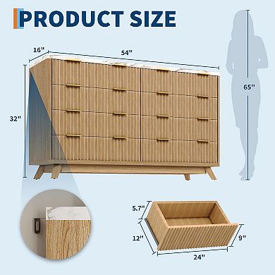 Fluted Dresser with Eight Drawers and Curved Design for Bedroom and Hallway Storage
