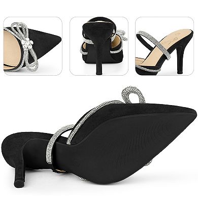 Women's Rhinestones Bow Pointed Toe Slip on Stiletto Heel Mules