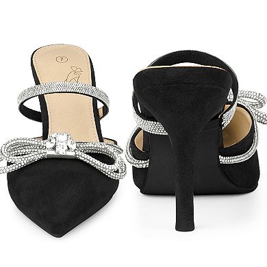 Women's Rhinestones Bow Pointed Toe Slip on Stiletto Heel Mules