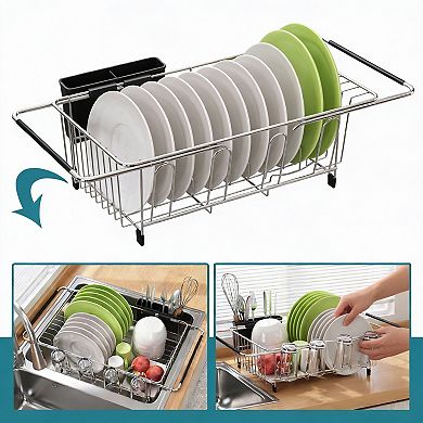 Expandable Stainless Steel Dish Rack for Small Kitchens - In-Sink, Over-Sink, or Countertop