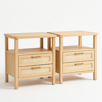 1 Pair Nightstands Rattan Nightstand Farmhouse Bedside Table Wood Shelf Narrow Side Table