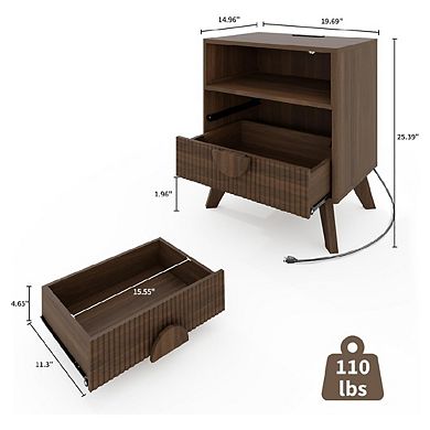 1PC Modern Fluted Night Stand Bedroom Nightstand with USB Charging Station Wood Fluted Bedside Table