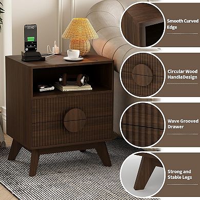 1PC Modern Fluted Night Stand Bedroom Nightstand with USB Charging Station Wood Fluted Bedside Table