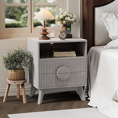 1PC Modern Fluted Night Stand Bedroom Nightstand with USB Charging Station Wood Fluted Bedside Table