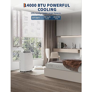 14,000 BTU 4-in-1 Portable AC for 750 Sq.Ft - Quiet with Remote, Sleep Mode, Timer & Window Kit