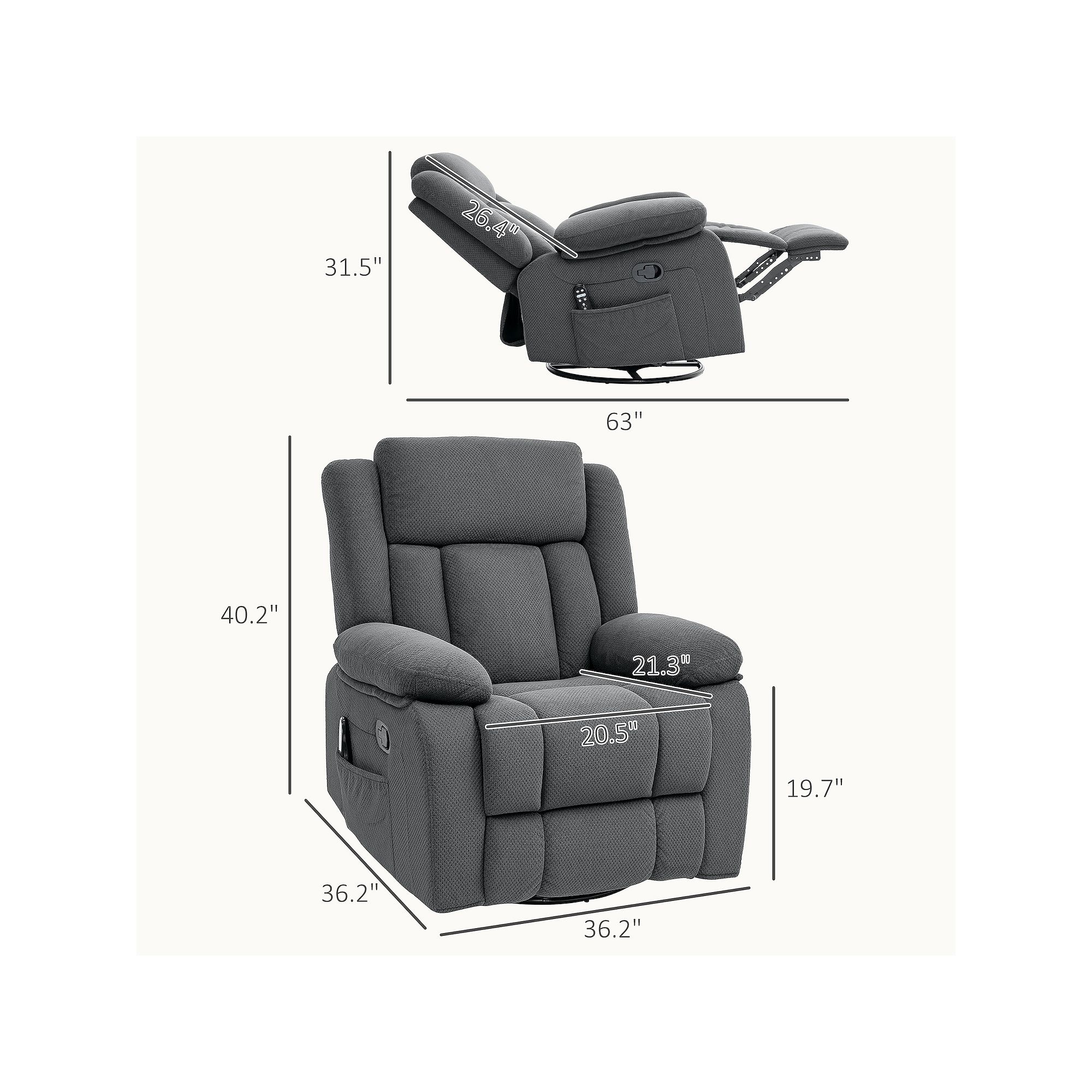 Diagram with chair dimensions: 63 inches length, 40.2 inches height, and other measurements