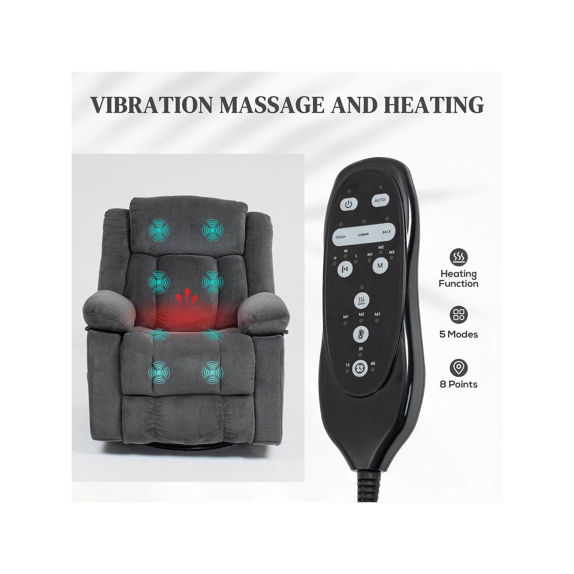 Remote control with buttons for massage modes and heating