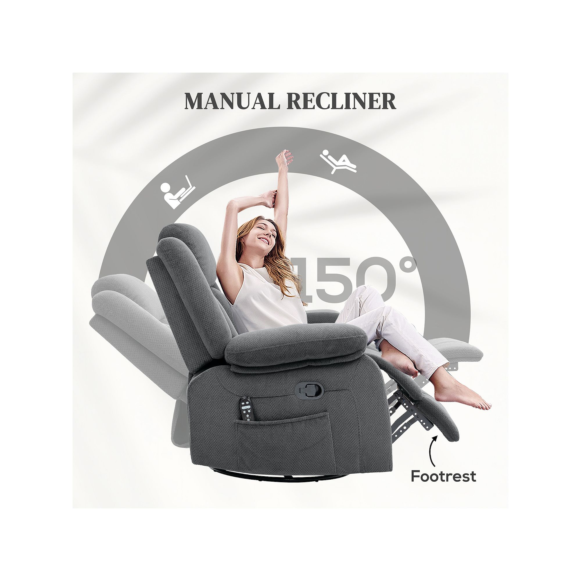 Manual recliner with 150-degree leg elevation and footrest