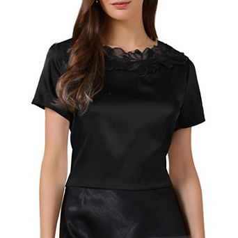 Summer Silk Satin Tops for Women Dressy Casual Short Sleeve Floral Lace Blouse Elegant Work Shirts