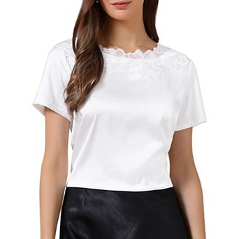 Summer Silk Satin Tops for Women Dressy Casual Short Sleeve Floral Lace Blouse Elegant Work Shirts