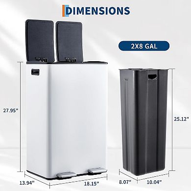 Dual Step-on Trash Can,16Gal(2x8Gal)Stainless Steel Kitchen Garbage Can with Lid,Inner Bucket