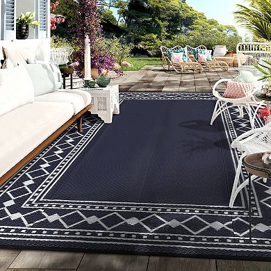 Modern Diamond Double Frame UV Resistant Woven Washable Reversible Outdoor Area Rug