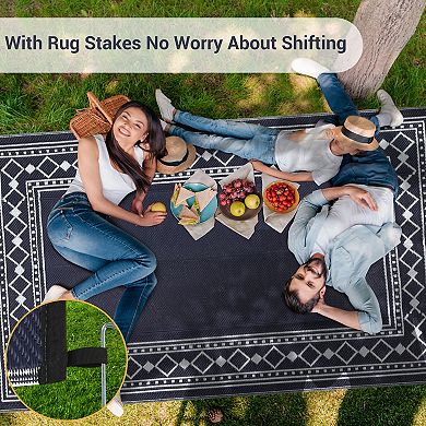 Modern Diamond Double Frame UV Resistant Woven Washable Reversible Outdoor Area Rug