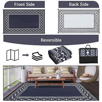 Modern Diamond Double Frame UV Resistant Woven Washable Reversible Outdoor Area Rug