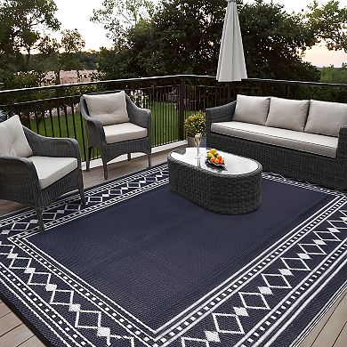 Modern Diamond Double Frame UV Resistant Woven Washable Reversible Outdoor Area Rug