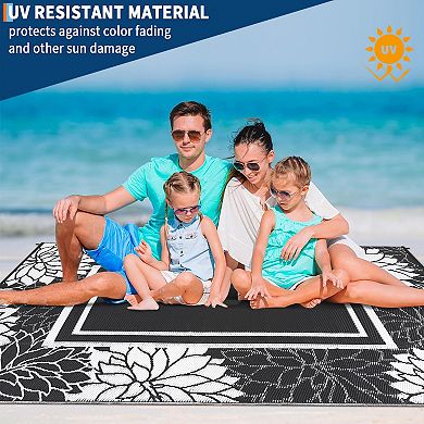 Modern Flower Border Woven Rug Waterproof Breathable Stain Resistant Portable for Outdoor