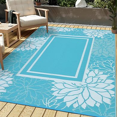 Modern Flower Border Woven Rug Waterproof Breathable Stain Resistant Portable for Outdoor