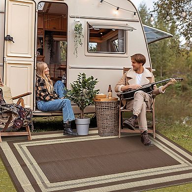 Modern Bordered Woven Washable Outdoor Rug Reversible Breathable Portable Mat for RV Trip