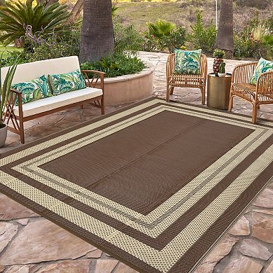 Modern Bordered Woven Washable Outdoor Rug Reversible Breathable Portable Mat for RV Trip