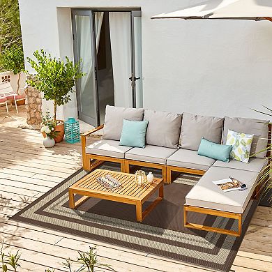 Modern Bordered Woven Washable Outdoor Rug Reversible Breathable Portable Mat for RV Trip