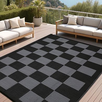 Modern Checkerboard Outdoor Area Rug Stain Resistant Waterproof Reversible Mat for Beach Vacation