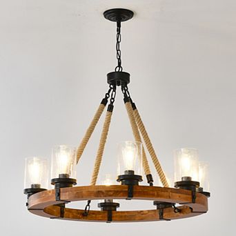 ELEMENT ACE 8-Light Rustic Wooden Chandelier with Seeded Glass Shades for Dining Room Lighting